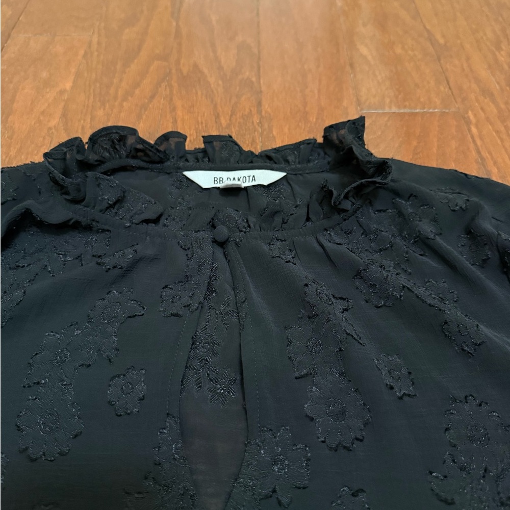 BB Dakota Black‎ Jaquard Floral Print Long Sleeve Romantic Ruffle Size Small - Picture 5 of 6